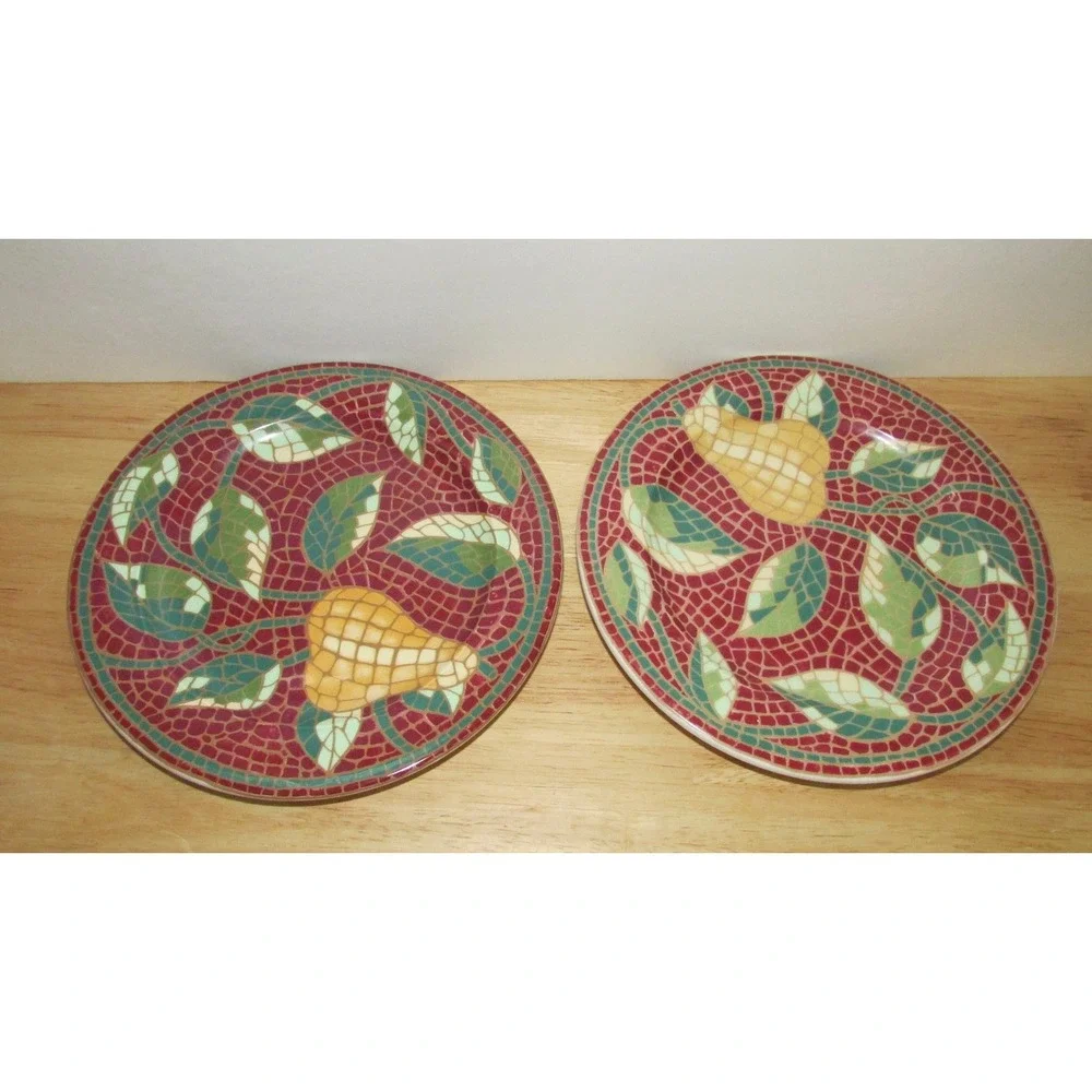 Pier 1 Mosaic Fruit red green pear leaves Salad luncheon 2 plates set lot 8 1/4
